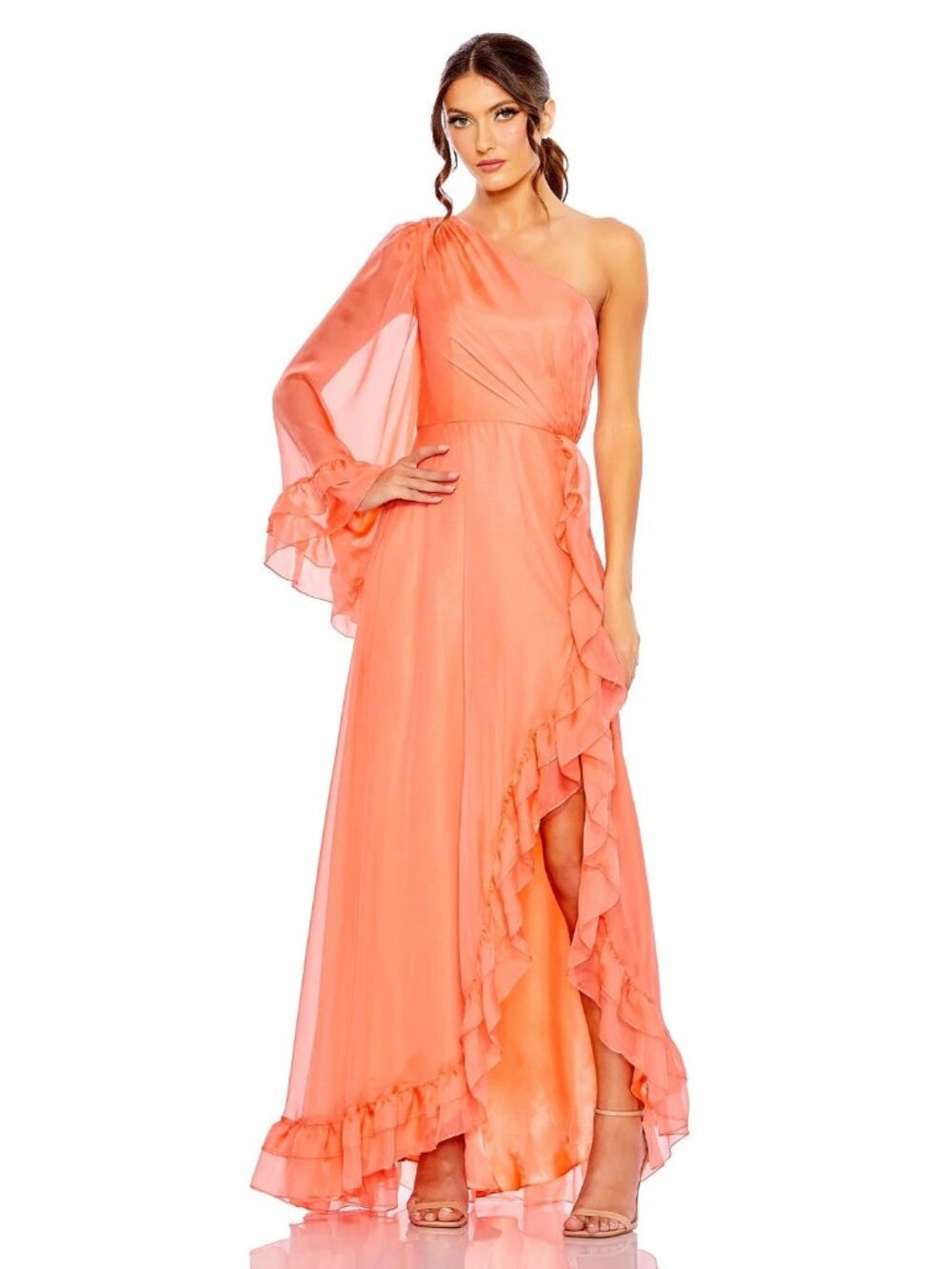 Mac Duggal Size 6 Coral 55924 One Shoulder Ruffle Evening Gown Dress Formal NWT